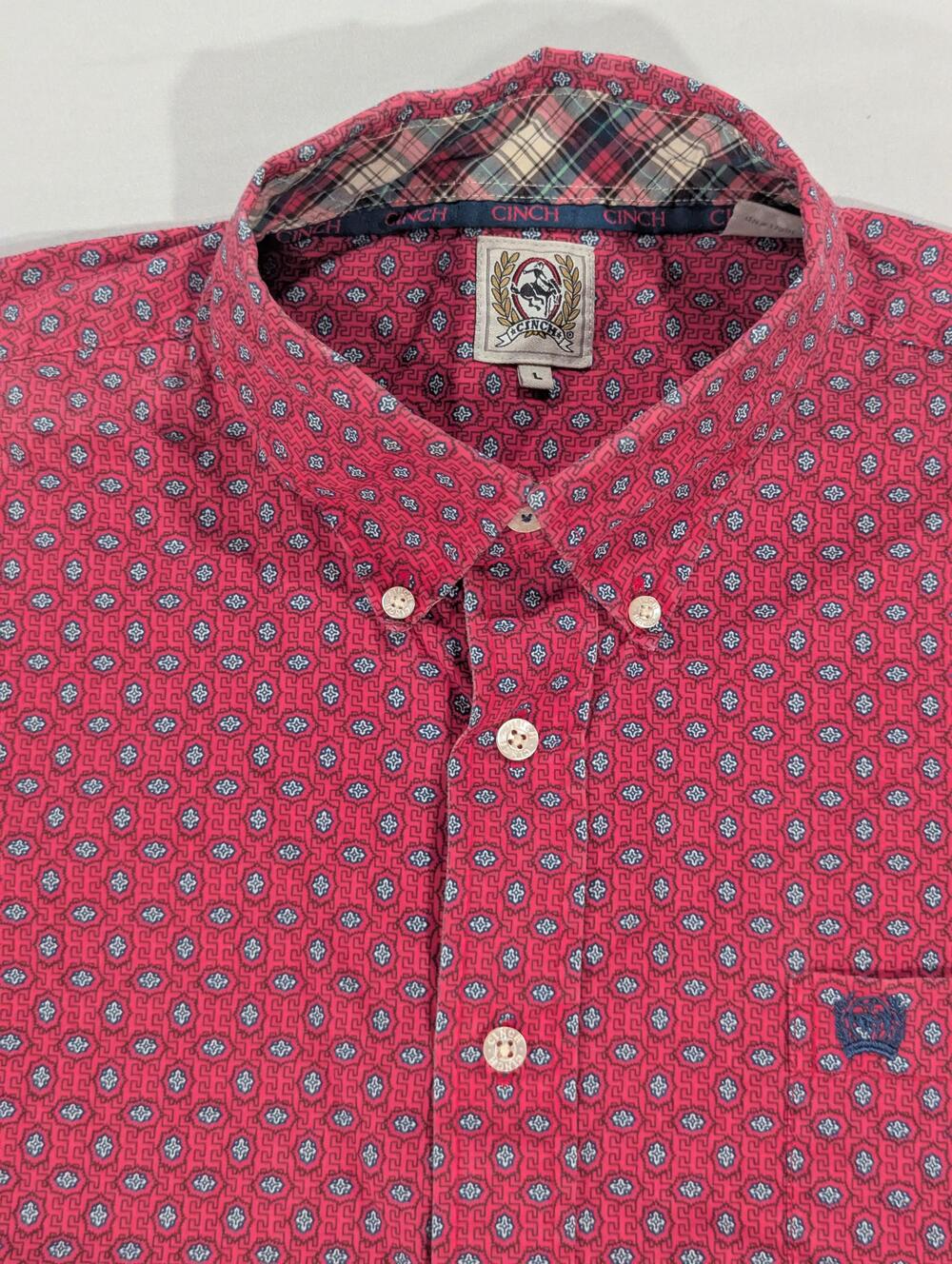 Cinch Shirt Mens L Red Geometric Long Sleeve Button Up Western Pocket Casual